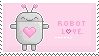 a pixel art of a robot with a pink heart on its chest and the words `` robot love '' .