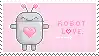 a pixel art of a robot with a pink heart on its chest and the words `` robot love '' .