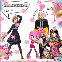 a collage of anime characters with a speech bubble that says we need to kill this guy guys yeah