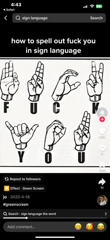 a phone screen shows how to spell out fuck you in sign language ..