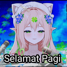 a picture of a girl with flowers in her hair and the words " selamat pagi "