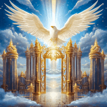 a painting of a white bird flying over a gate of heaven