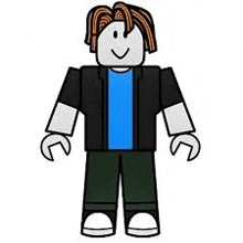 a cartoon drawing of a roblox character wearing a blue shirt , black jacket , and green pants .