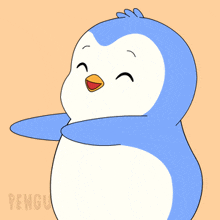 a blue and white penguin with a yellow beak is smiling