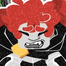 a cartoon drawing of a clown with red hair and glasses holding a piece of cheese