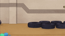 a cartoon character laying on a tire with a purple circle around her head