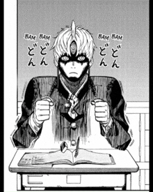 a black and white drawing of a man sitting at a desk with a mask on his face .