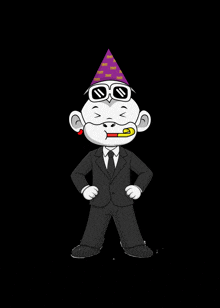 a cartoon of a man in a suit with a party hat on his head