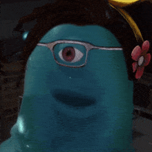 a close up of a cartoon character wearing glasses and a flower in his hair