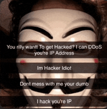 a picture of a person wearing an anonymous mask with a caption that says " you rilly want to get hacked "