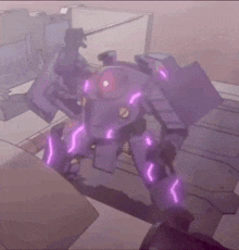 a purple robot is standing in a room with a red light on it .