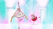 a drawing of two ballerinas on a stage with one wearing a red tutu
