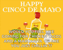 happy cinco de mayo would you feel like coming for chicken tacos and a margarita or are you just chillin
