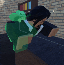 a computer generated image of a person with a green leaf on their head