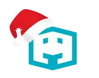 a santa hat is sitting on top of a blue and white logo