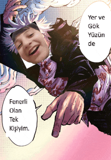a cartoon of a man pointing at something with the words fenerli olan tek kişiyim on the bottom