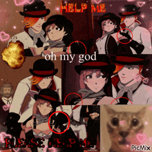 a collage of anime characters with help me oh my god written in red