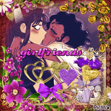 a picture of a man and woman kissing with the words girlfriends written above them