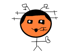 a drawing of a stick figure with a face and a thumbs up sign
