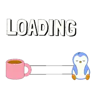 a penguin is standing next to a cup that says 100 % complete on it