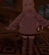a girl in a sweater and knee high socks is standing in a room