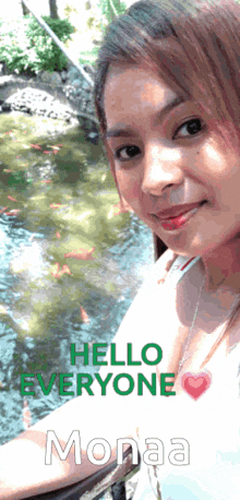a picture of a woman with the words hello everyone monaa on it