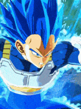 a close up of a cartoon character with blue hair and a helmet
