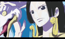 a woman with long black hair and gold earrings stands next to a monster with a long tongue