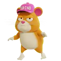 a cartoon hamster wearing a pink hat that says $ grind