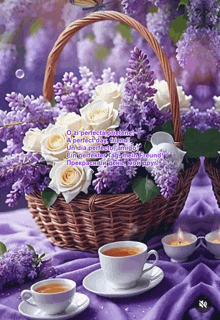 a wicker basket filled with purple flowers sits on a purple cloth