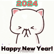 a cartoon cat is surrounded by hearts and the words `` happy new year ! ''