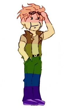 a drawing of a man wearing a rainbow colored vest