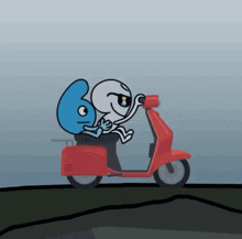 two cartoon characters are riding a red scooter together