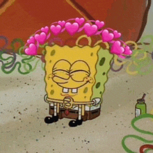 a cartoon of spongebob squarepants with pink hearts on his head