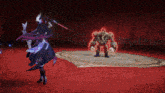 a woman holding a sword stands in front of a giant robot