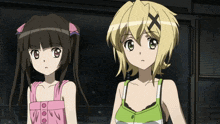 two anime girls are standing next to each other with one wearing a green tank top