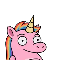 a cartoon unicorn with a rainbow mane and horn making a funny face