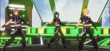 three anime characters are dancing on a stage with green lights
