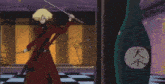 a man in a red jacket is holding a sword