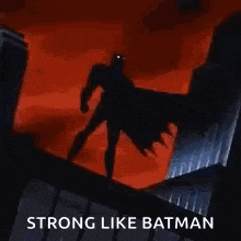 a cartoon of batman standing on top of a building with a lightning bolt behind him .