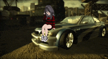 a girl is sitting on the front of a car that says m3 on it
