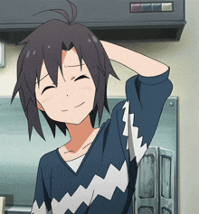 a cartoon character is smiling and holding his head