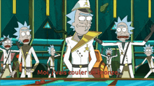 a cartoon of rick and morty with the words moi vais couler un bronze on the bottom right