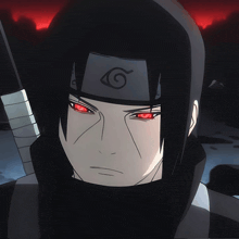 a close up of a person with red eyes wearing a black headband with a g on it