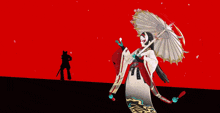 a silhouette of a person holding a sword and an umbrella against a red background