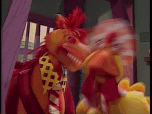 a couple of cartoon characters are standing next to each other