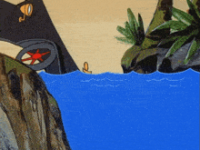 a cartoon drawing of a boat in the water near a cliff