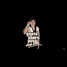 a man is talking on a cell phone with the grand theft auto vice city logo behind him