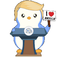 a cartoon penguin is holding a sign that says i love america