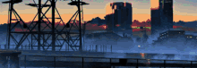 a painting of a city at sunset with a bridge